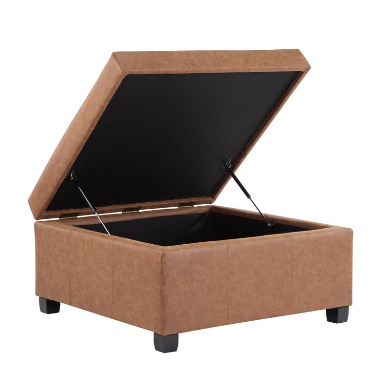 35" Square Brown PU Leather Storage Ottoman with Lift-Top & Soft-Close Lid