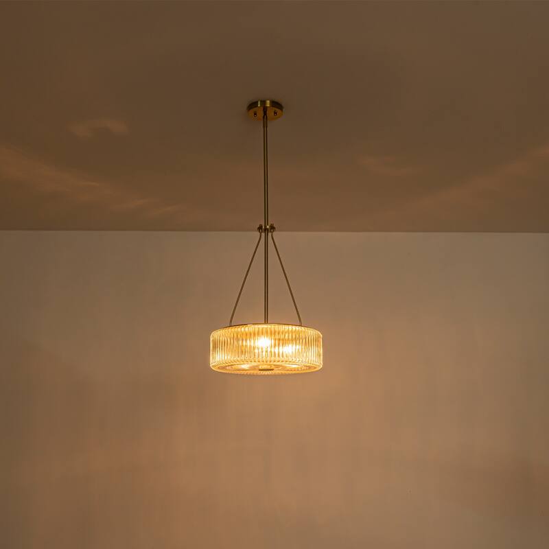 13.9 in. 3-Light Gold Chandelier Ripple Glass Pendant Light