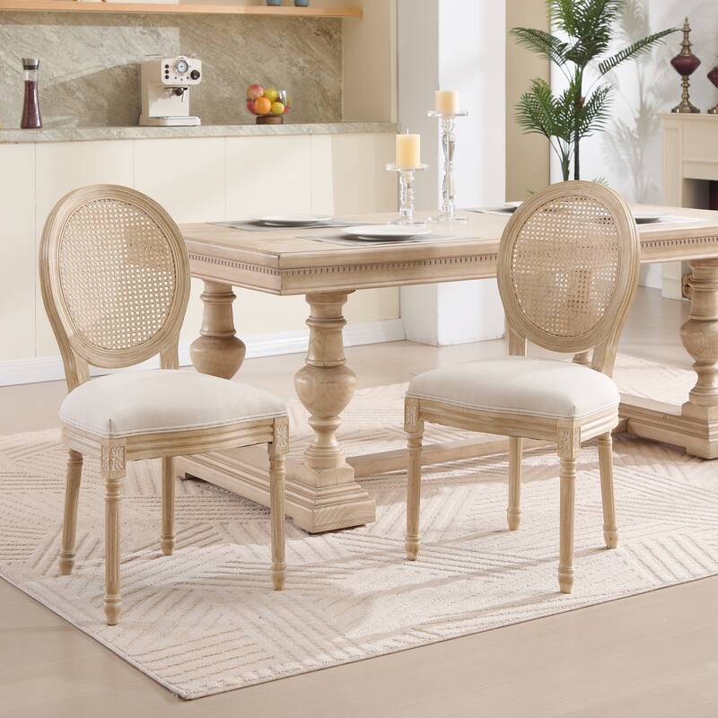 French Country Dining Chairs Set of 2, Upholstered Chairs with Nature Rattan Round Back, Wire drawing and carving techniques