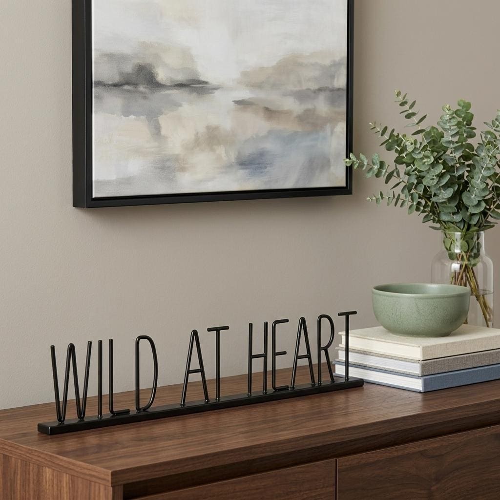 HomeRoots 24" Black and Brown Metal And Wood Wild At Heart Tabletop Sign - 24.00 in. x 5.00 in. x 1.00 in.
