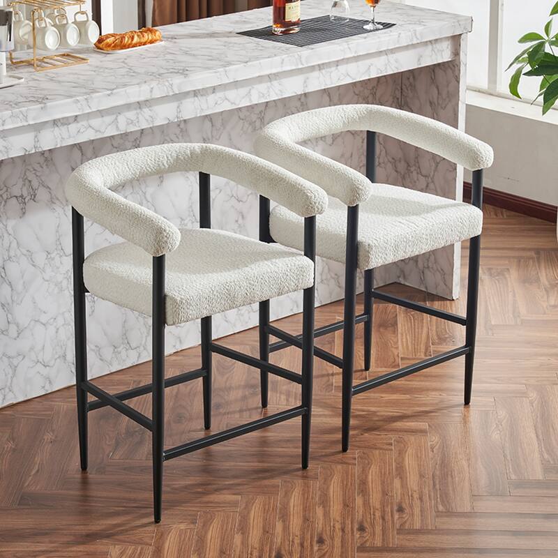 Upholstered Bar Stools, Fabric Counter Height Chairs with Metal Frame & Armrests Kitchen Island Bar Chairs Set of 2 - White