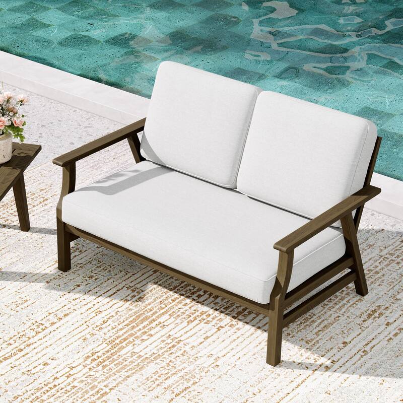 Teak Frame Outdoor Loveseat Daybed with Water-Resistant Cushions. - Beige/Loveseat - Brown Wood