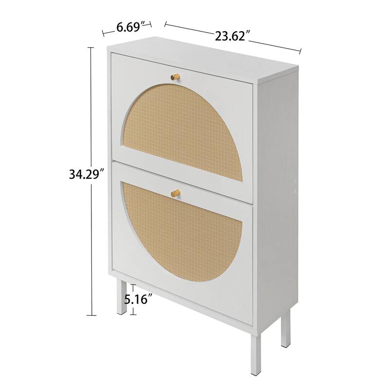 Rattan Shoe Cabinet with 2 Flip Drawer, Freestanding Entryway Organizer, Shoe Rack with Metal Legs for Living Room, Hallway