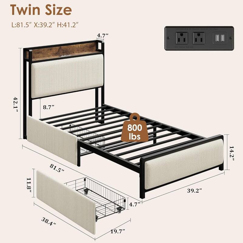 Twin Size Platform Bed Frame with 2 Storage Drawers and Charging Station