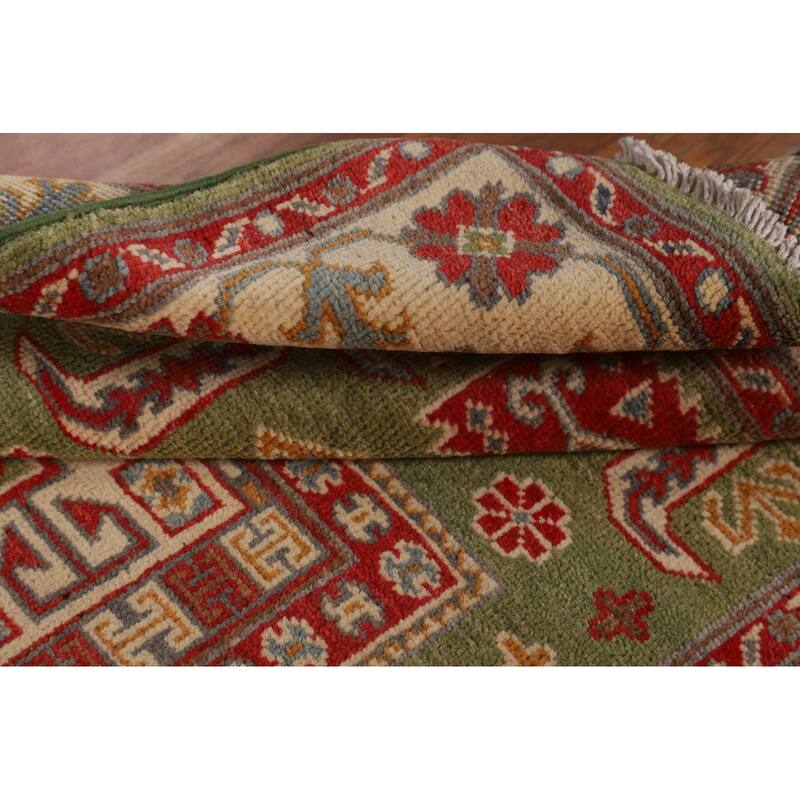 Light Green Geometric Kazak Accent Rug Handmade Wool Carpet - 3'4" x 4'7"