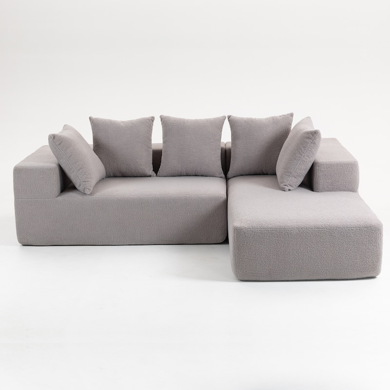 L-Shaped Modular Sectional Sofa, Full Foam Compressed Deep Seat Sofa, Upholstered Corner Sofa with 5 Throw Pillows