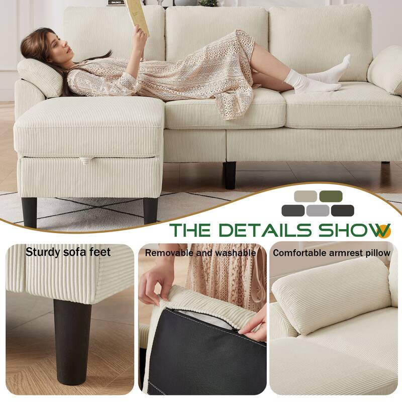 3 Pieces Corduroy Living Room Set with Sectional Sofa, Ottoman and Chair