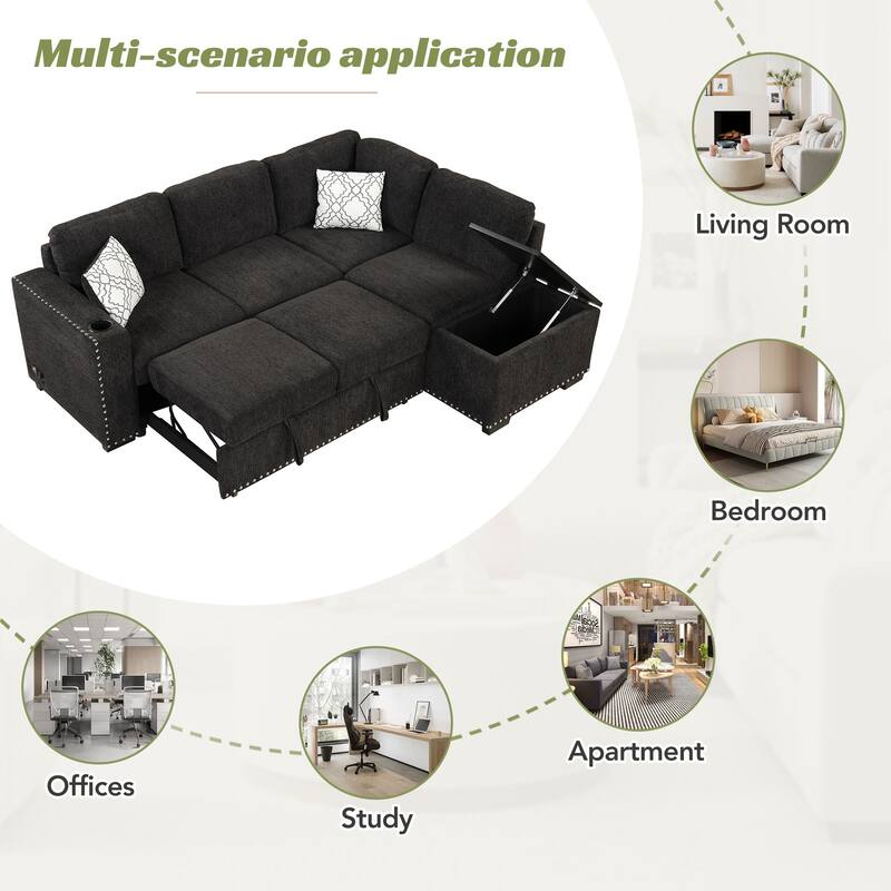 Pull-Out Sofa Bed L-Shape Sectional Sofa, Linen Deep Seat Sofa with Adjustable Headrest, Wireless Charging and Cup Holders