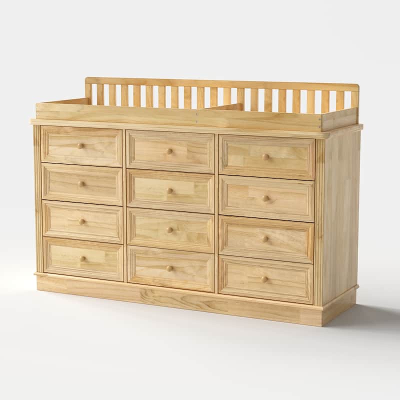 Extra Wide Solid Pine Wood 12-Drawer Changing Table Dresser – 59.9" Real Wood Nursery Dresser with Removable Topper