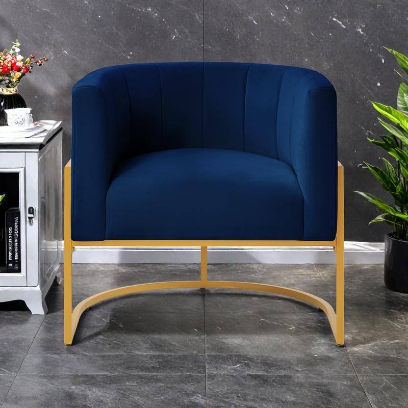 Mid-Century Accent Chair with Metal Frame & Curved Back Support - Navy