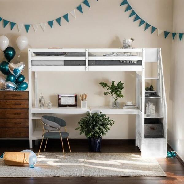 slide 2 of 15, Contemporary Design Twin Size Loft Bed with Storage Staircase and Built-in Desk, Durable Structure, Maximized Space, White White