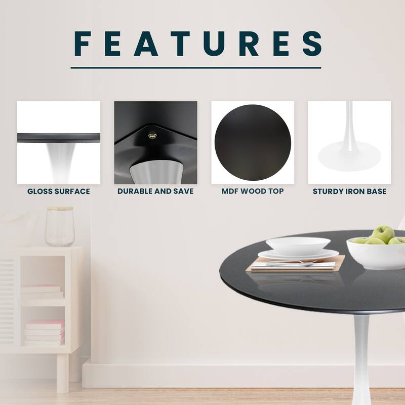 Bristol 35" Round Dining Table with Modern Glass, MDF or Sintered Stone - Sturdy Steel Pedestal Base for Kitchen, Dining, Cafe