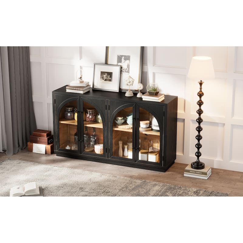 4-Door Large Storage Buffet Cabinet with Glass Doors and Adjustable Shelves