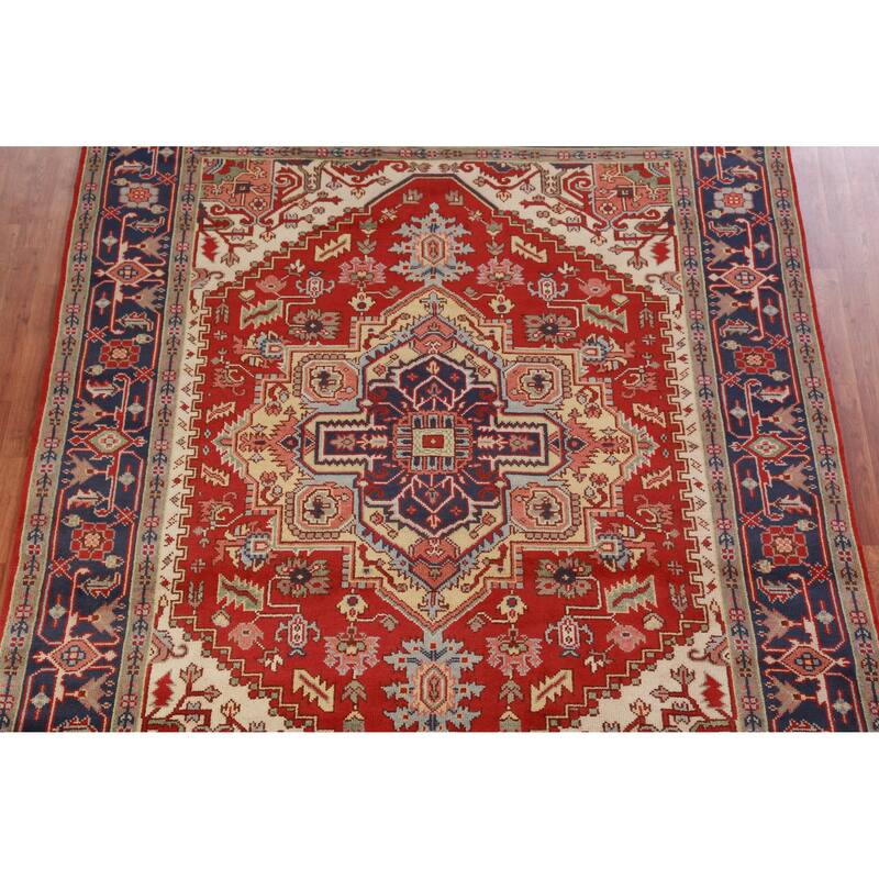 Hand Knotted Oriental 100% Wool Carpet Traditional Medallion Red Heriz (serapi) Area Rug - 9' 11'' X 7' 10''