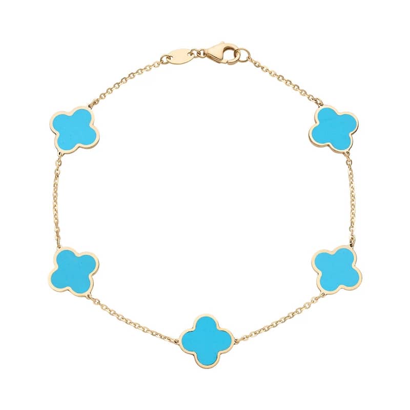 Curata 14k Yellow Gold Italian 7" Inlaid Genuine Gemstone 10mm Medium Clover Bracelet - Blue Turquoise