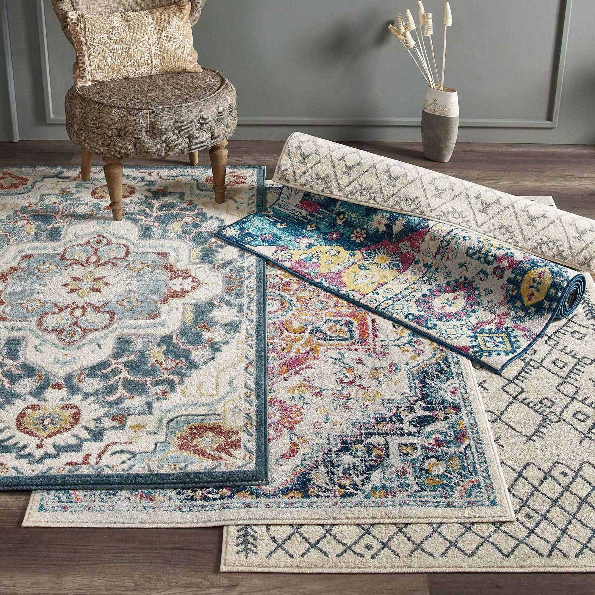 Floral Shabby Chic Blue Area Rug Kitchen Rugs