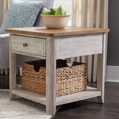 Farmhouse Reimagined Antique White End Table with Basket