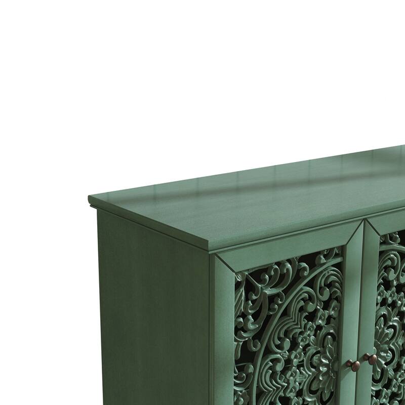 Buffet Cabinet with Floral Carvings with Solid Wood Legs&Antique Brass Handles&Adjustable Shelves,