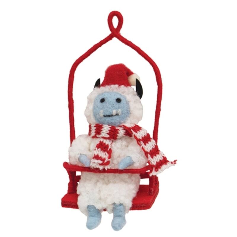 Ski Lift Abominable Snowman Felted Ornament for Christmas Tree - 7" H x 3.25" W x 2.75" D - White/Blue/Red