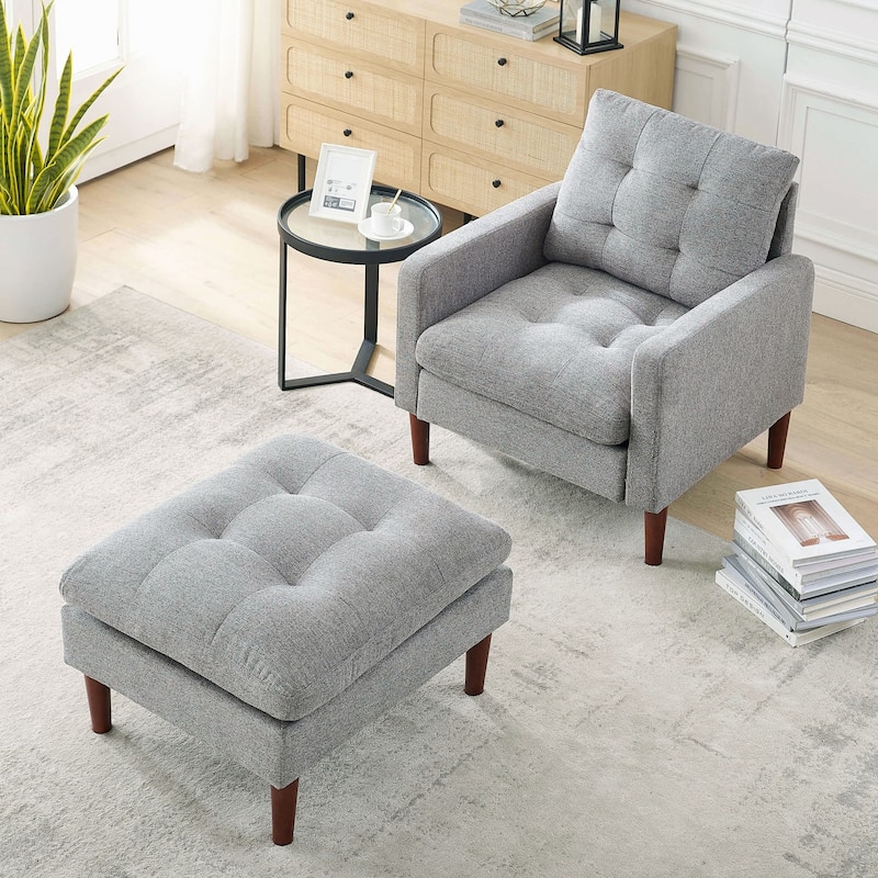 Fabric Single Sofa Chair with Ottoman, Solid Wood Legs