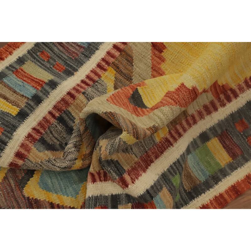 Hand Woven Oriental 100% Wool Carpet Southwestern Modern Multi-Colored Kilim Runner Rug - 10' 1'' X 2' 9''