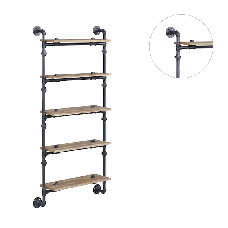 Floating Wood Wall Shelf with Metal Tube in Oak and Sandy Black