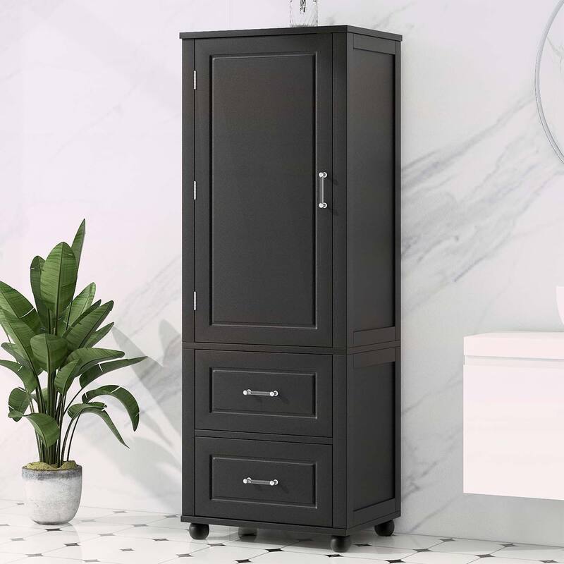 Tall Bathroom Storage Cabinet with Two Drawers and Adjustable Shelf - Black