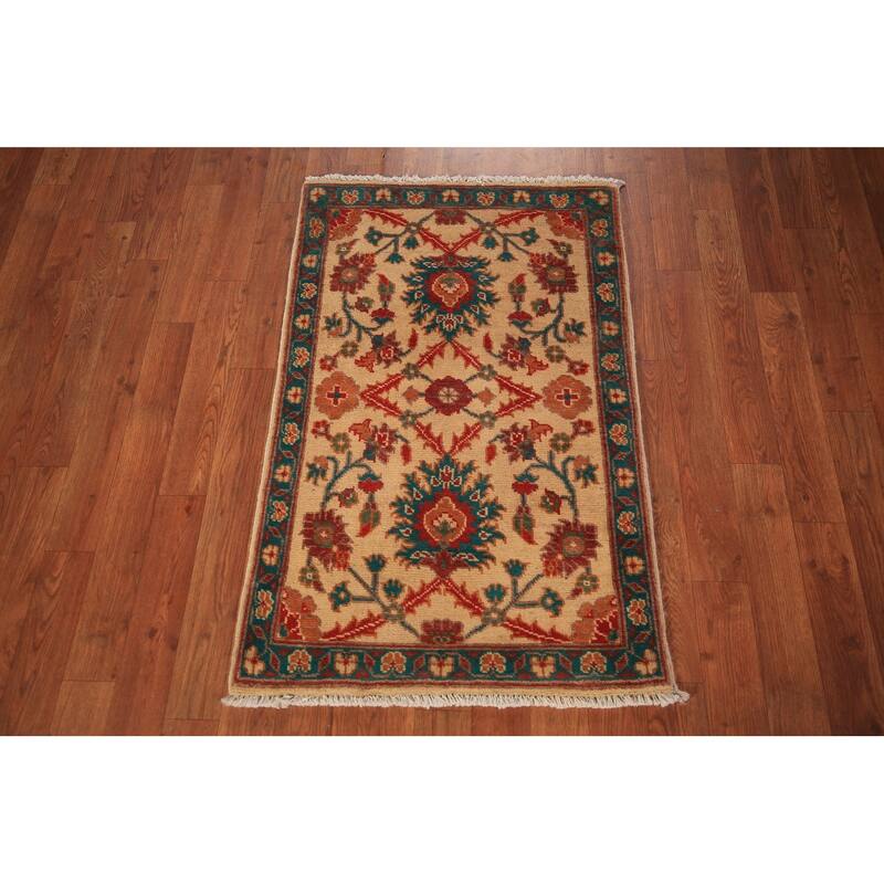 Floral Kazak Foyer Rug Hand-Knotted Yellow Wool Carpet - 2'0" x 3'0"