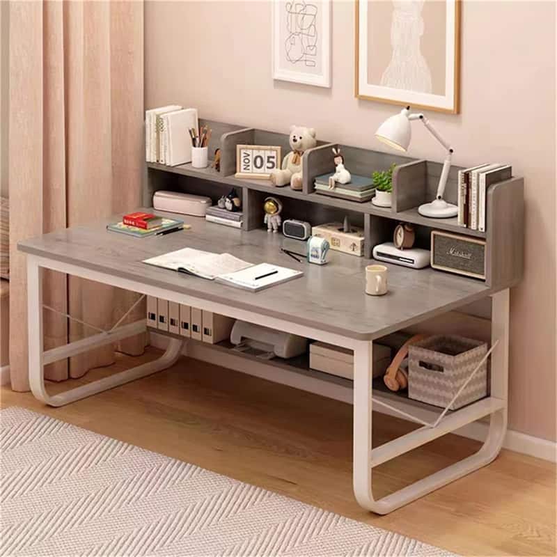 Rectangle Computer Desk with Hutch - Grey White