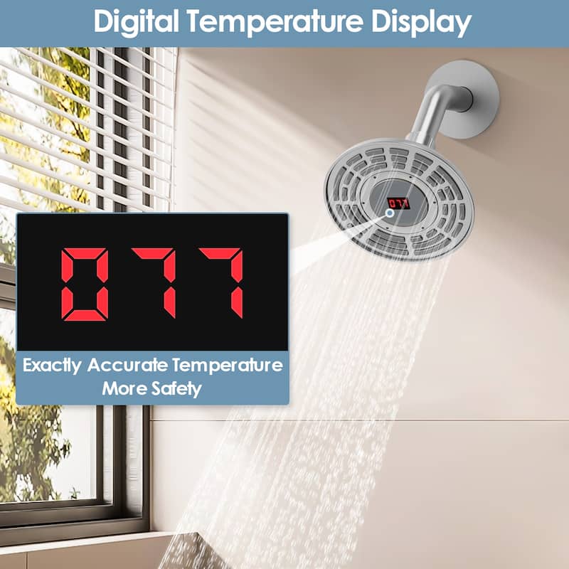 GRANDJOY 5 inch Wall Mount Shower Head with Tub Spout Shower Faucet Set Temperature Display Pressure Balanced Valve