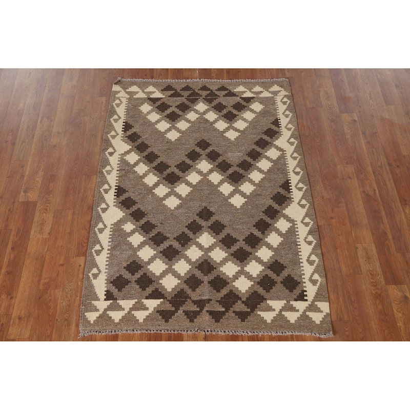 Brown Geometric Kilim Area Rug Oriental Flatweave Wool Carpet - 3'4"x 4'9"