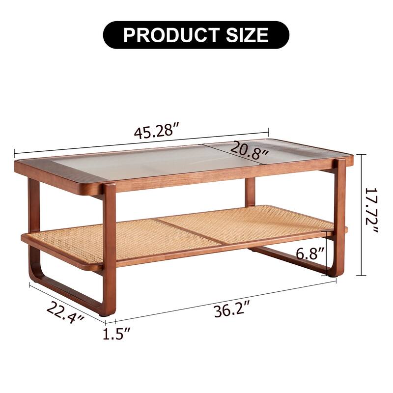 Roomfitters Walnut Solid Wood Coffee Table with Rattan Shelf, Glass Top Rectangle Tea Table for Living Room or Bedroom