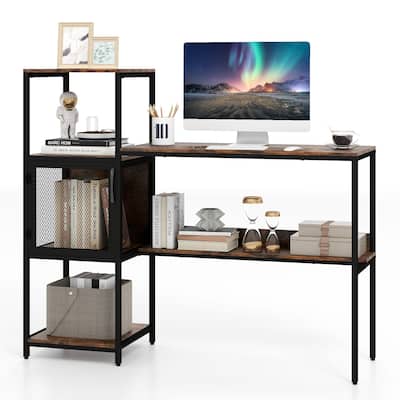 Rustic Brown Wood Metal Computer Desk with Bookshelf and Storage