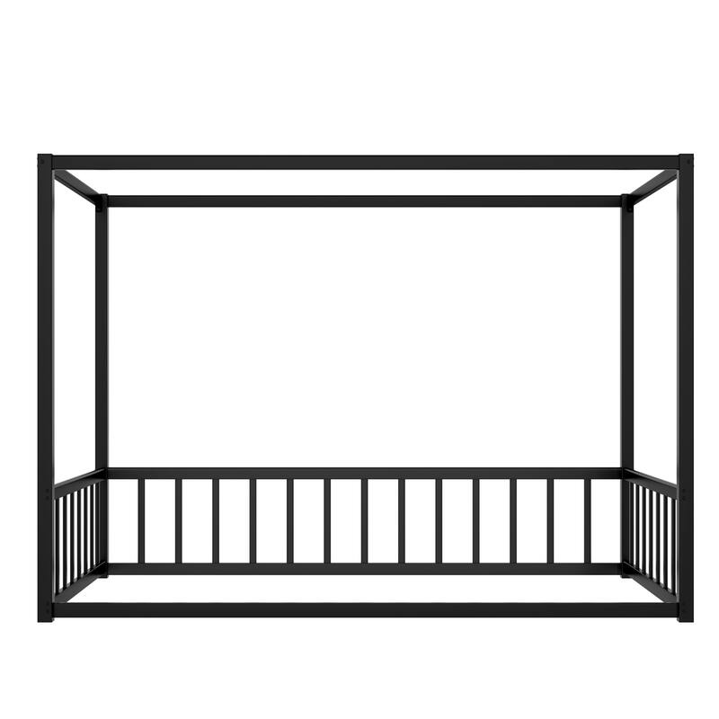 Queen Size Modern Floor Bed Frame with Canopy Structure and Full Guardrails, Low-Profile Metal Platform Bed