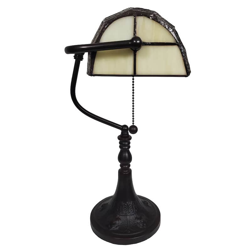 HomeRoots 16" Tiffany Style Brown and Orange Banker Desk Lamp - 13X19X11