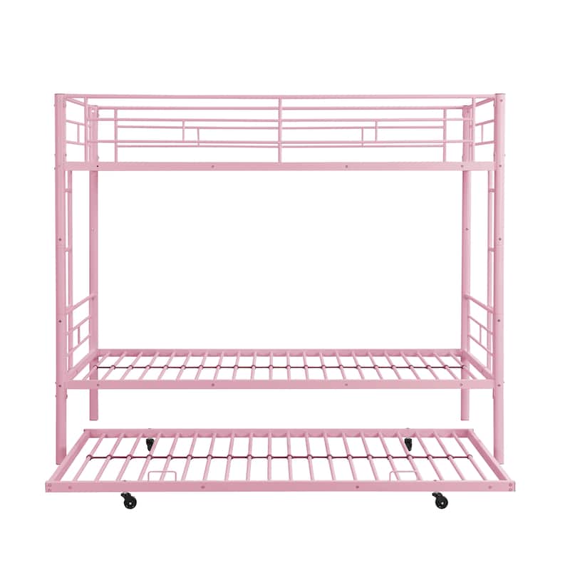 Pink Metal Bunk Bed with Trundle, Space-Saving, Sturdy Steel Frame, Easy Assembly, No Box Spring Needed