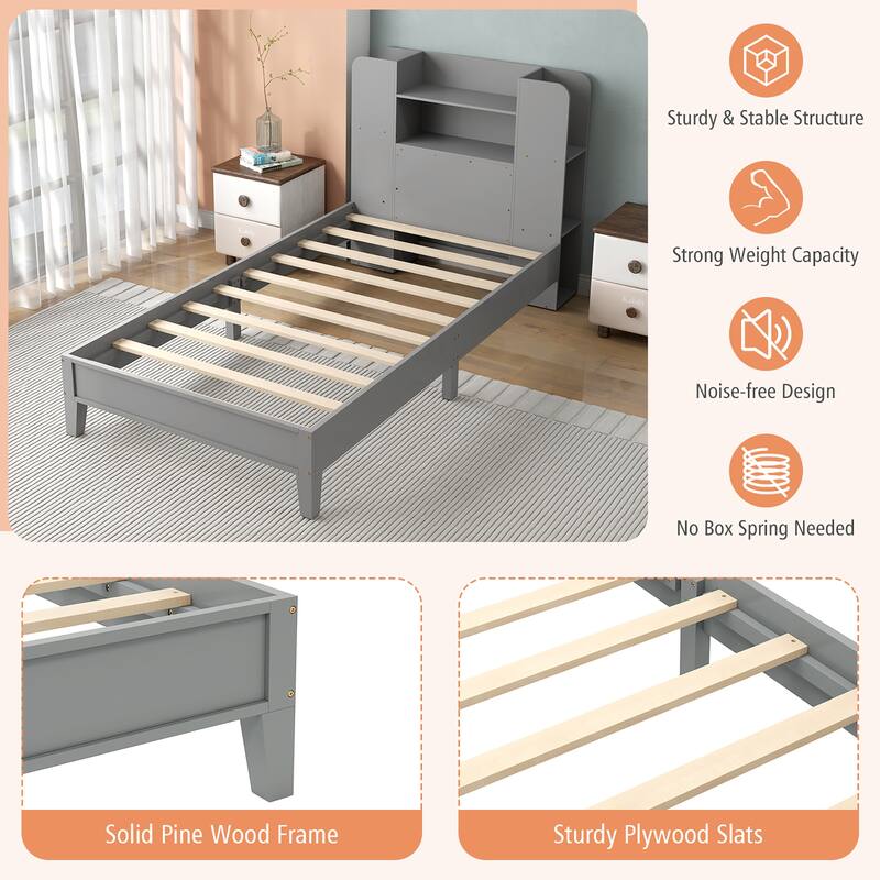 Gymax Twin Size Bed Frame Wooden Platform Bed Kids Bed Frame w/