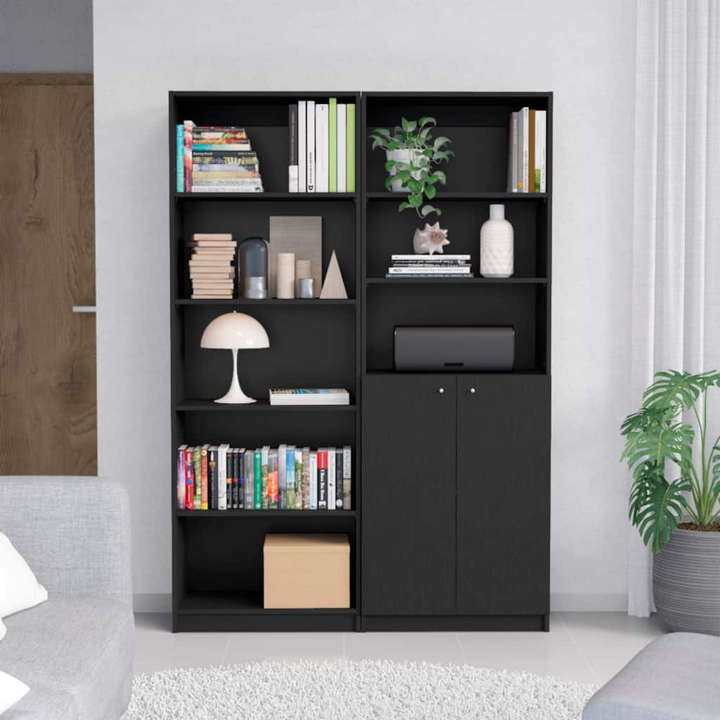 FM FURNITURE Reid 2 Piece Living Room Set with Sutton 4 Shelves Bookcase + Sutton 2-Door Bookcase, Black