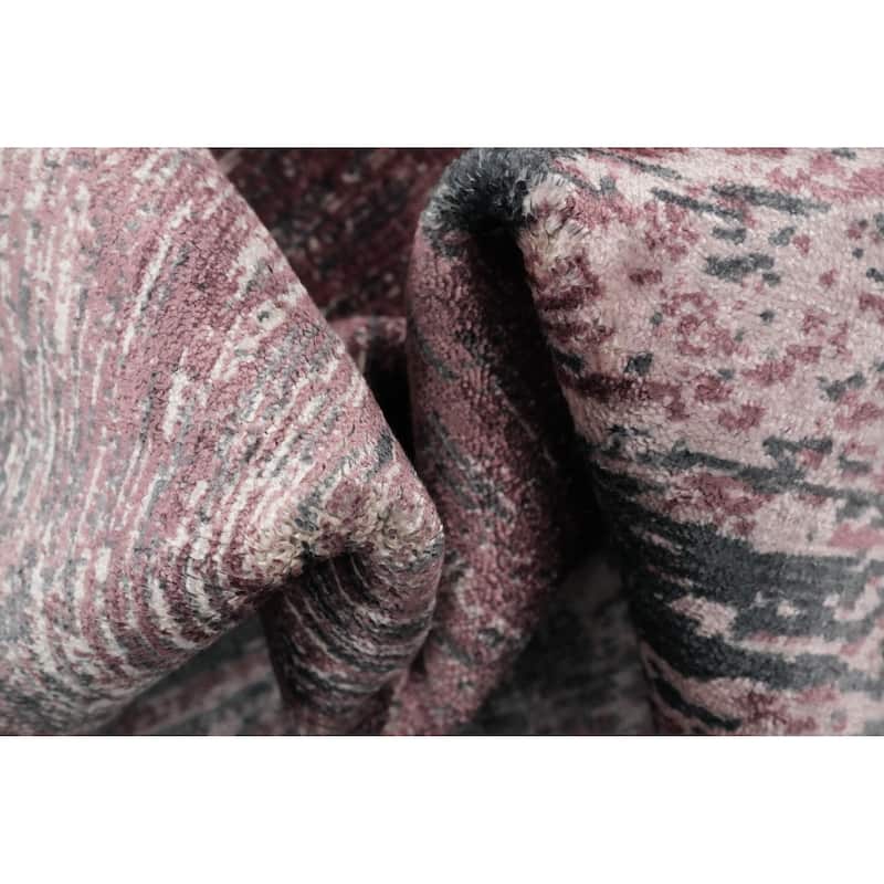 Hand Knotted Oriental Viscose Silk Carpet Modern Pictorial Pink Abstract Area Rug - 7' 8'' X 5' 6''