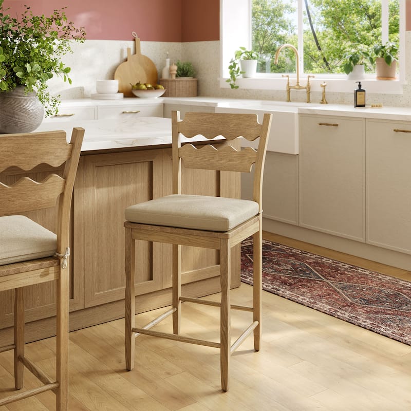 Jax Oak Wood Counter Stool With Wavy Razor Back and Cushion - Weathered Oak Linen