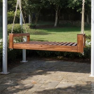 Twin Size Patio Acacia Wood Swing Frame with Hemp Ropes
