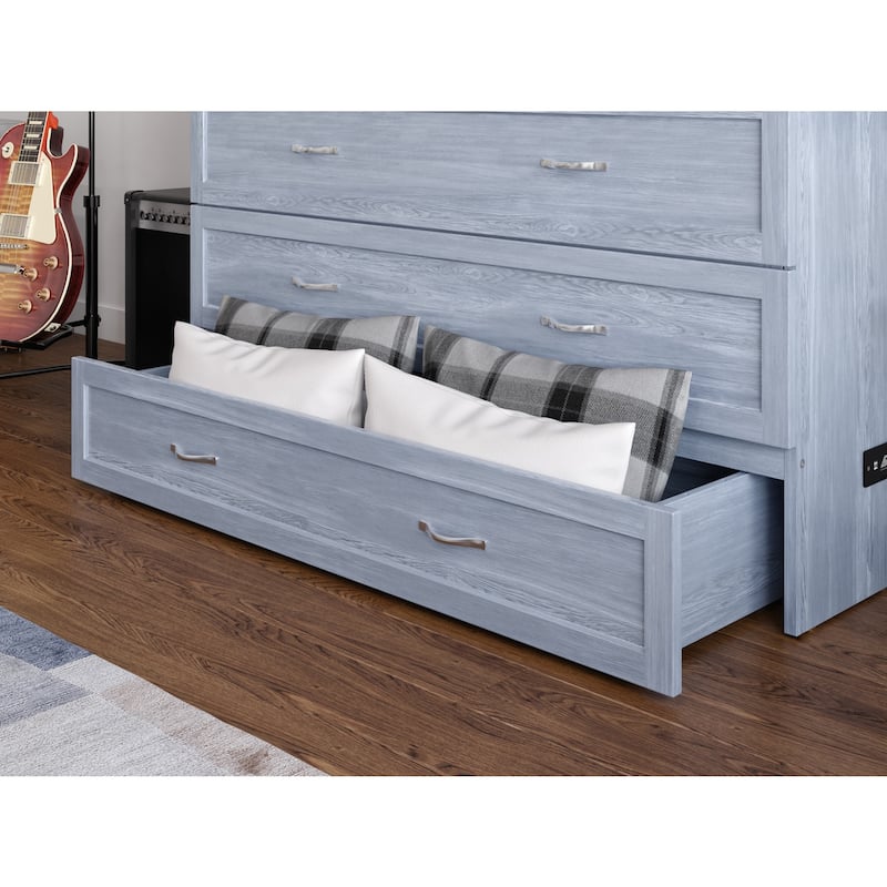Full Murphy Bed Chest with Mattress & USB - Solid Wood Folding Bed - Driftwood Finish