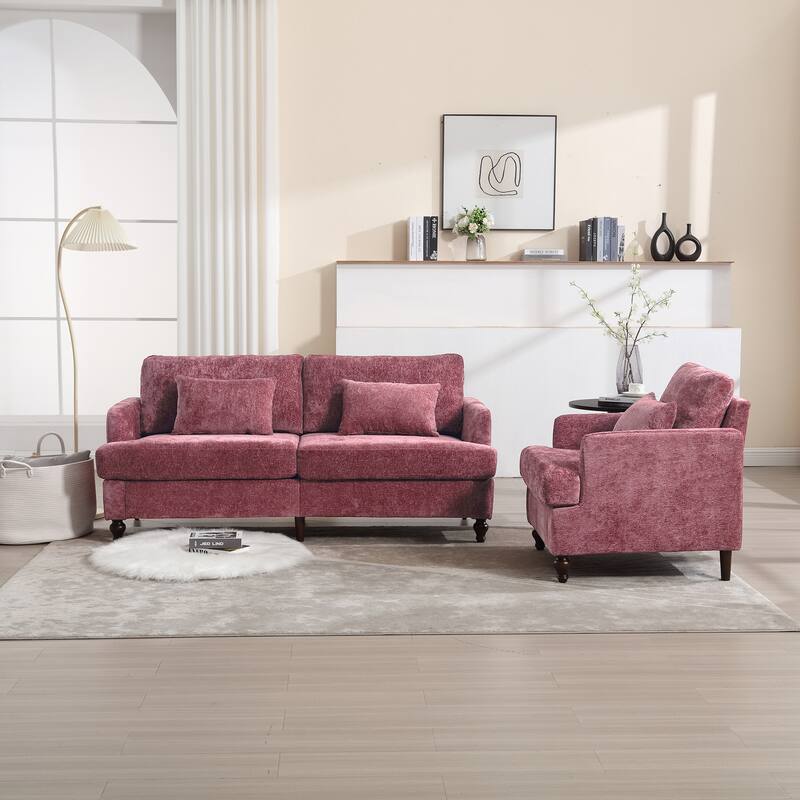 Chenille Fabric Accent Chair, Tufted Upholstered Living Room Chair, Lounge Armchair with Solid Wood Frame & Pillows