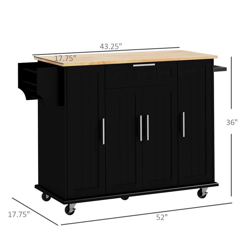 Kitchen Island On Lockable Wheels, Mobile Island Table with Rubberwood Top, Portable Island with Drawer & Adjustable Shelves