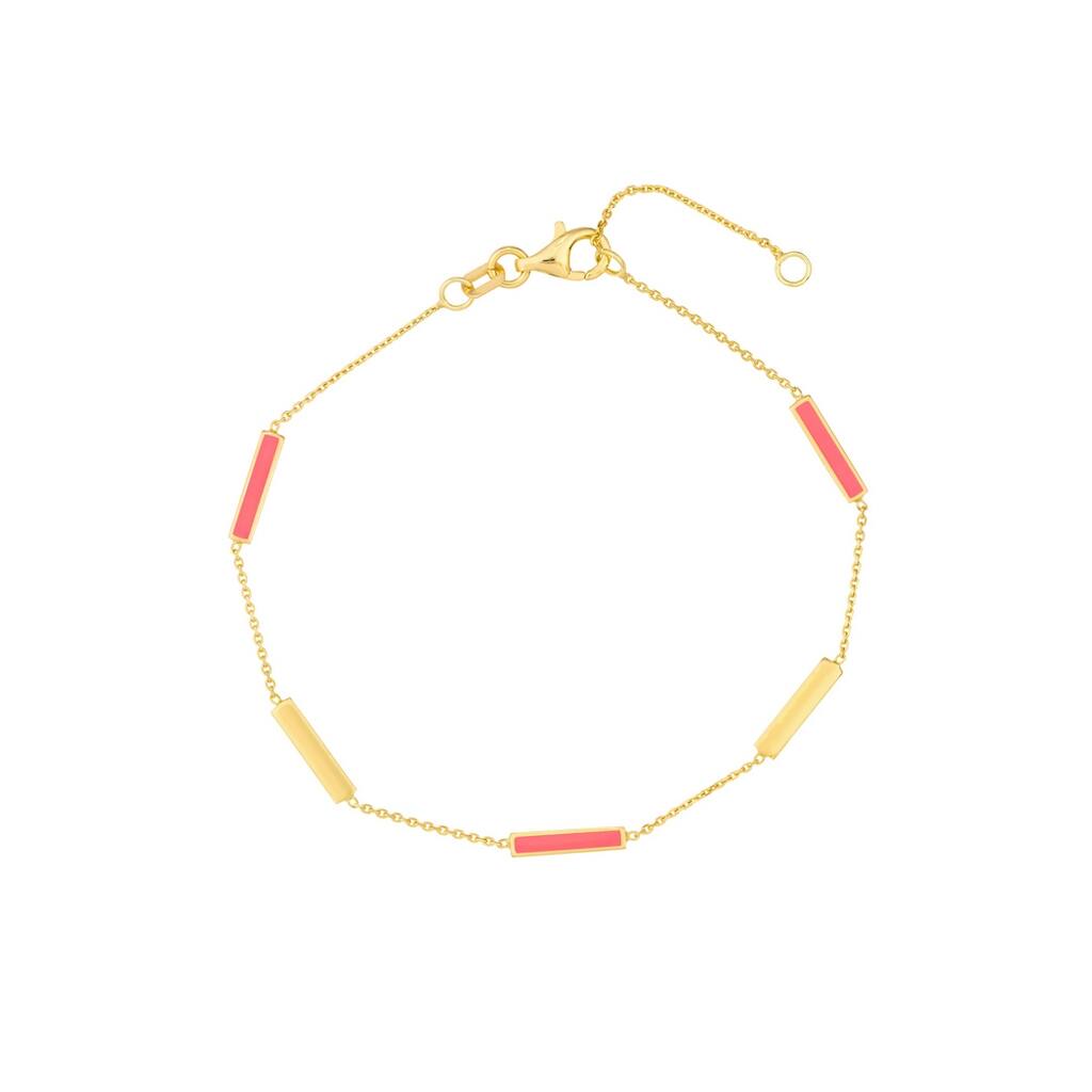Curata 14k Yellow Gold 7.25" Neon Pink eEnamel Alternating Bar Bracelet