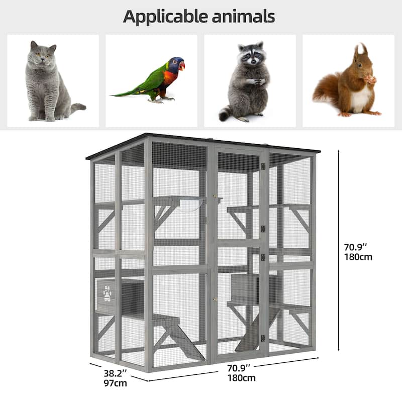 Moasis 70.9'' H Cat House Outdoor Catio Kitty Enclosure Wooden Cat Cage Playpen with Platform
