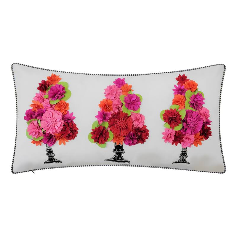 Edie At Home Indoor & Outdoor Dimensional Topiary with Embroidered Pots Pillow 13x25, Fuchsia Multi