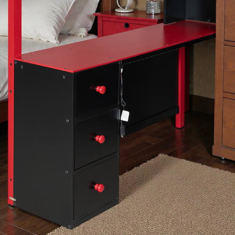 Full Size Gaming Loft Bed with Desk, LED Light, Storage Shelves and Drawers, Wood Loft Bed Frame for Teens Kids