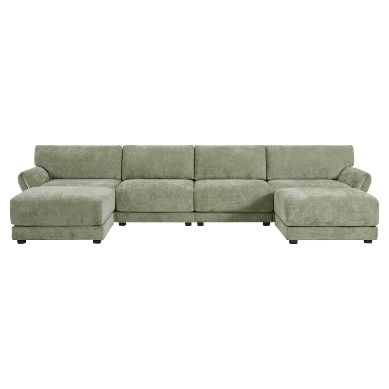 142" Chenille U-Shaped 6-Seater Sectional Sofa with USB/Type-C Charging, Petal Armrests and Free-Move Ottoman