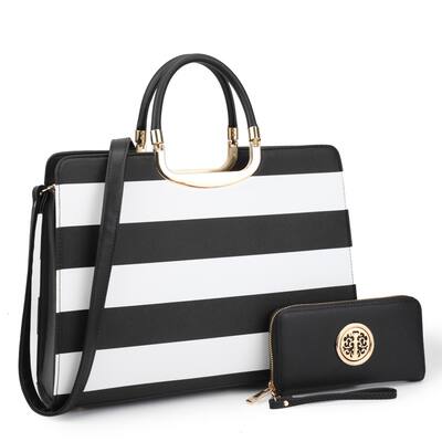 Dasein Womens Patent Leather Striped Briefcase Satchel With Matching Wallet 14.6in